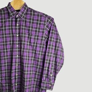Peter Millar Mens Large Plaid Button Down Shirt Long Sleeve Purple Black White